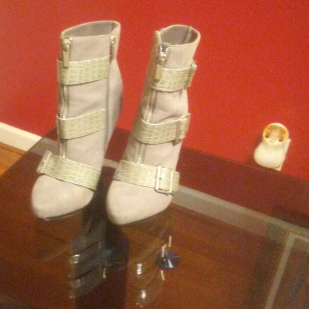 Heather Gray Suede and snake strapped boots